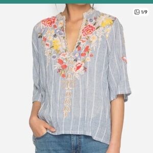 Johnny Was Blue Floral Embroidered Blouse